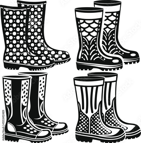 Four Pairs of Black and White Patterned Rubber Rain Boots Footwear vector 