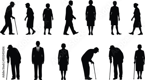 Silhouettes of elderly people walking, standing, aging process, senior citizens, aging life stages, health, care, cane support, elderly