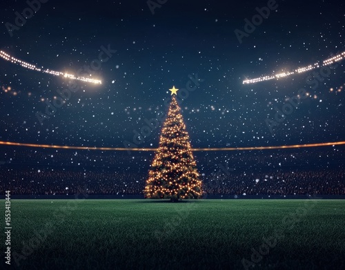 Snowy Christmas Tree on Soccer Field with Stadium Lights at Night