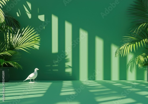 White Bird in Green Room with Shadow Play from Palm Leaves