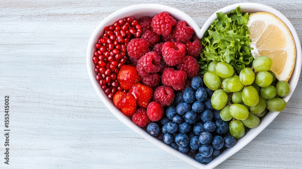 Fresh fruits arranged in heart shape, showcasing vibrant colors and healthy options, evoke feelings of wellness and love Fresh fruits arranged in heart shape, showcasing vibrant colors and healthy options, evoke feelings of wellness and love