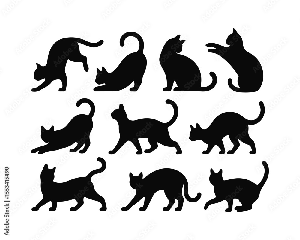 Fototapeta Nine Black Cat Silhouettes in Various Poses on White Background Feline Illustration