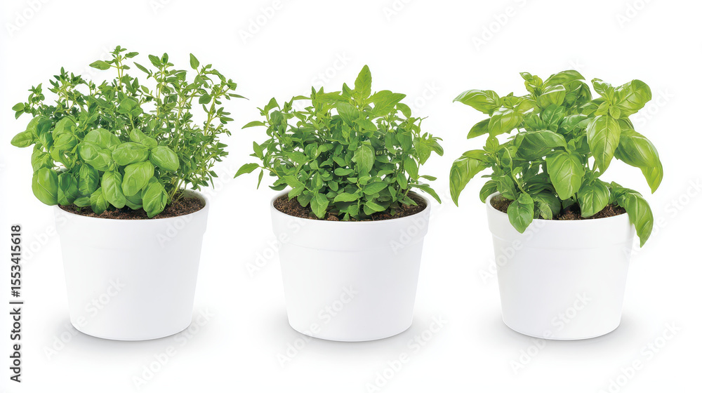Fototapeta premium Fresh herb garden pots with basil, thyme, and parsley create vibrant and inviting atmosphere