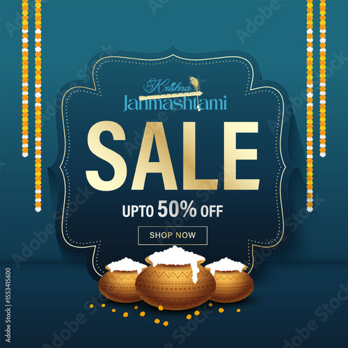 Happy janmashtmi sale banner with dahi handi. Vector illustration of Happy Krishna Janmashtami Sale social media feed template