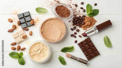 Chocolate and coffee themed makeup products with almonds and mint leaves