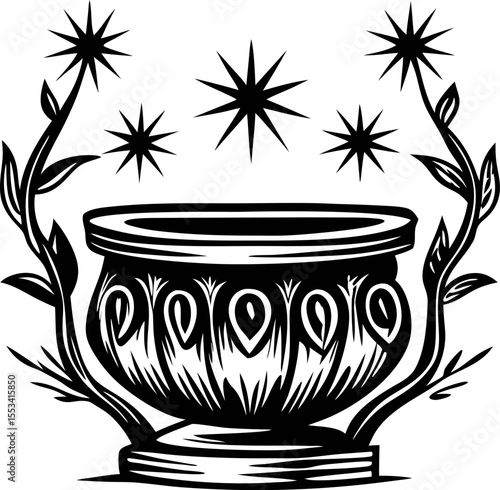 Ornate classical urn with decorative foliage and stars in vintage engraved black and white illustration