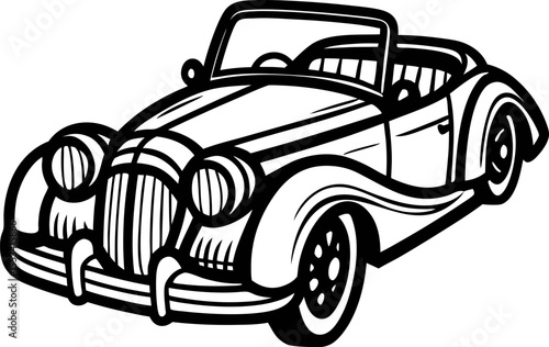 Black and white outline illustration of a vintage convertible classic car with curvy fenders and detailed wheels