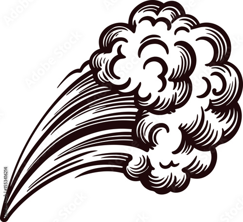 Retro engraved linear illustration of explosion or steam cloud isolated on white background