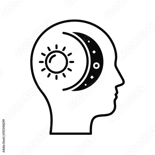 Day and Night Mind Icon – Vector Line Art Representing Mental Balance, Circadian Rhythm, and Duality of Thought

