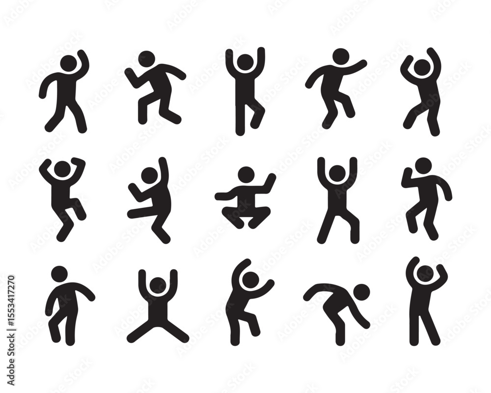Naklejka premium Playful Stick Figure Silhouettes Dynamic Poses of Joyful Dancing and Energetic Movement