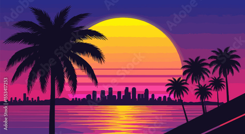 Retro Synthwave Sunset Over City Skyline with Palm Trees and Reflective Water in 1980s Vaporwave Aesthetic