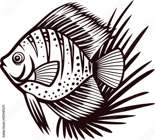 Hand drawn angelfish illustration with detailed fins and scales isolated on white background