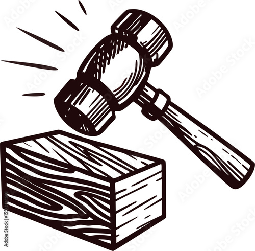 Wooden judge gavel striking sound block in vintage engraved sketch illustration