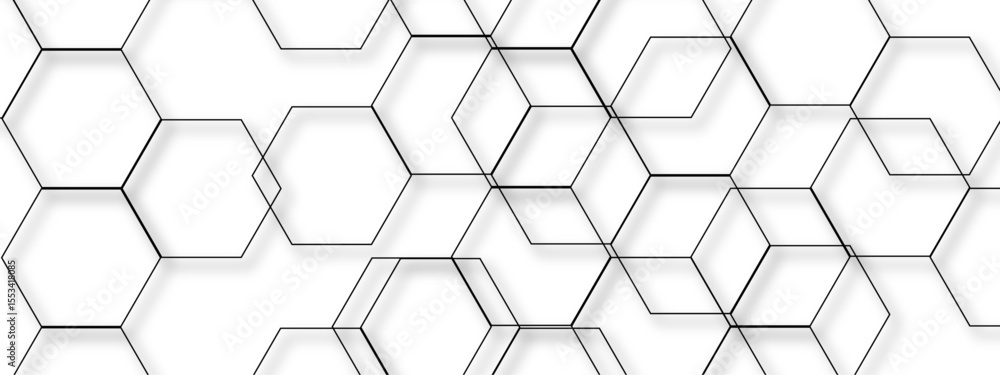 Fototapeta premium Abstract seamless white background with network of thin, black outlined hexagons arranged geometric pattern. Minimalistic, modern, and technical, suitable for science, technology, or themed visuals.