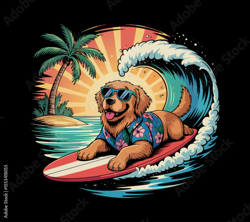 Golden Retriever Surfing Tropical Sunset: Fun Summer Dog Illustration