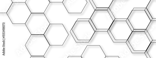 Abstract seamless white background with network of thin, black outlined hexagons arranged  geometric pattern. Minimalistic, modern, and technical, suitable for science, technology, or themed visuals.