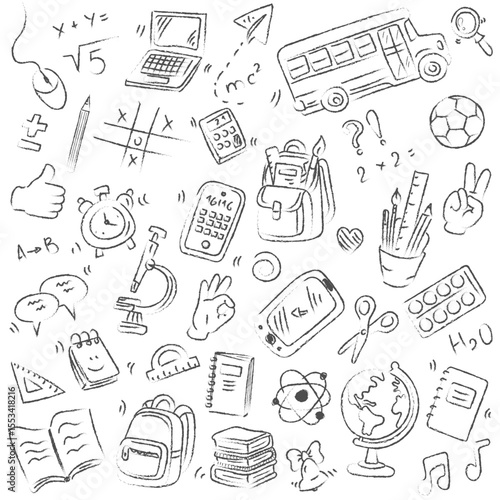 School doodles. Back to school. School supplies and elements are drawn Hand-drawn vector illustrations drawn with chalk or pencil lead, isolated