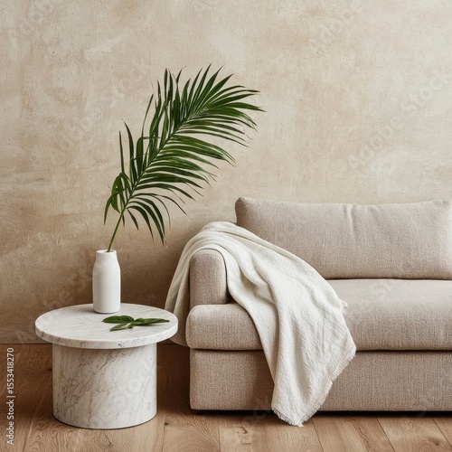 Cozy Living Room with Minimalist Sofa and Green Plant Accent