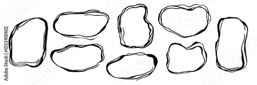 Hand drawn black ink frames with organic and unusual shapes. Abstract geometric round grunge design with spiral lines. Vector minimalistic expressive linear shape. Unique aesthetic, monochrome border.