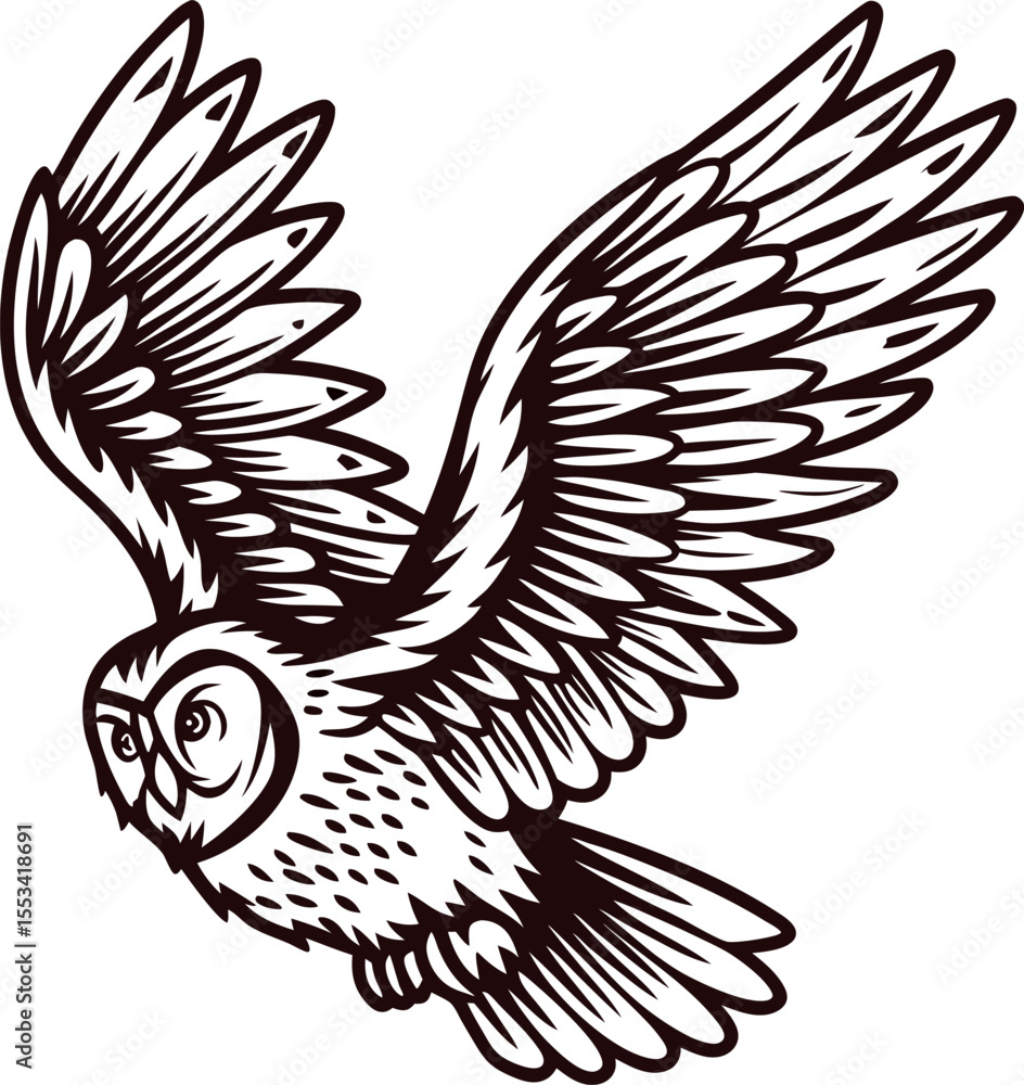 Fototapeta premium Flying owl illustration with outstretched wings in monochrome vintage hand drawn