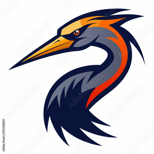Aggressive stylized heron mascot with orange and gray accents