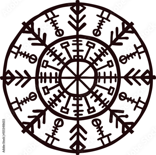Viking compass symbol vegvisir hand drawn norse rune circular emblem ancient scandinavian design art