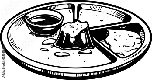 Hand drawn illustration of assorted desserts and dip on round divided plate in vintage engraved sketch