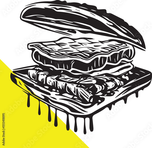 Dripping BBQ Sandwich –A Bold Vector Illustration of a Grilled Sandwich Packed with Juicy Meats and Melting Cheese –Bold Line Art of Barbecue Sandwich Loaded with Meat Cheese and Flavorful Drippings