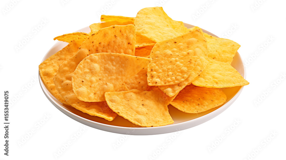 Crisp tortilla chips filling a white bowl with a transparent background. Crisp tortilla chips filling a white bowl with a transparent background.