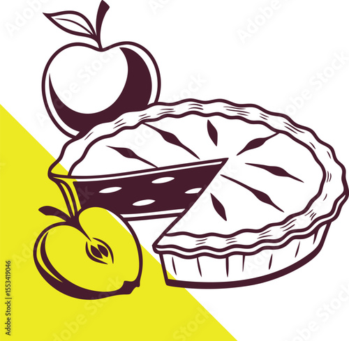 Fruit Pie Drawing with Whole and Cut Apples – A Decorative Vector of a Baked Apple Tart – Hand-Drawn Style Pie with Crust Detail and Apple Elements – Silhouette Apple Pie