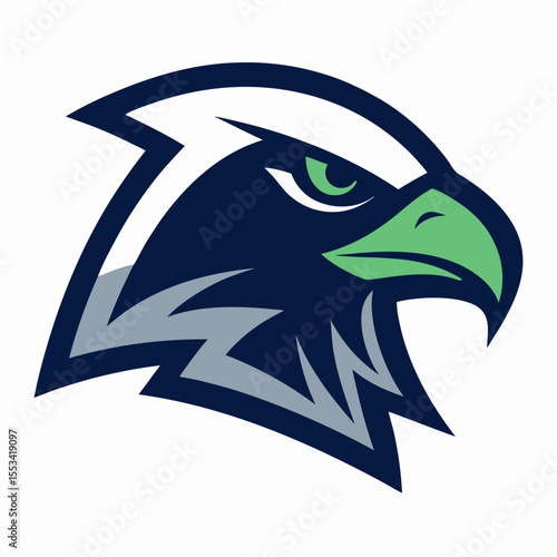 Modern hawk head mascot logo in navy blue green and gray