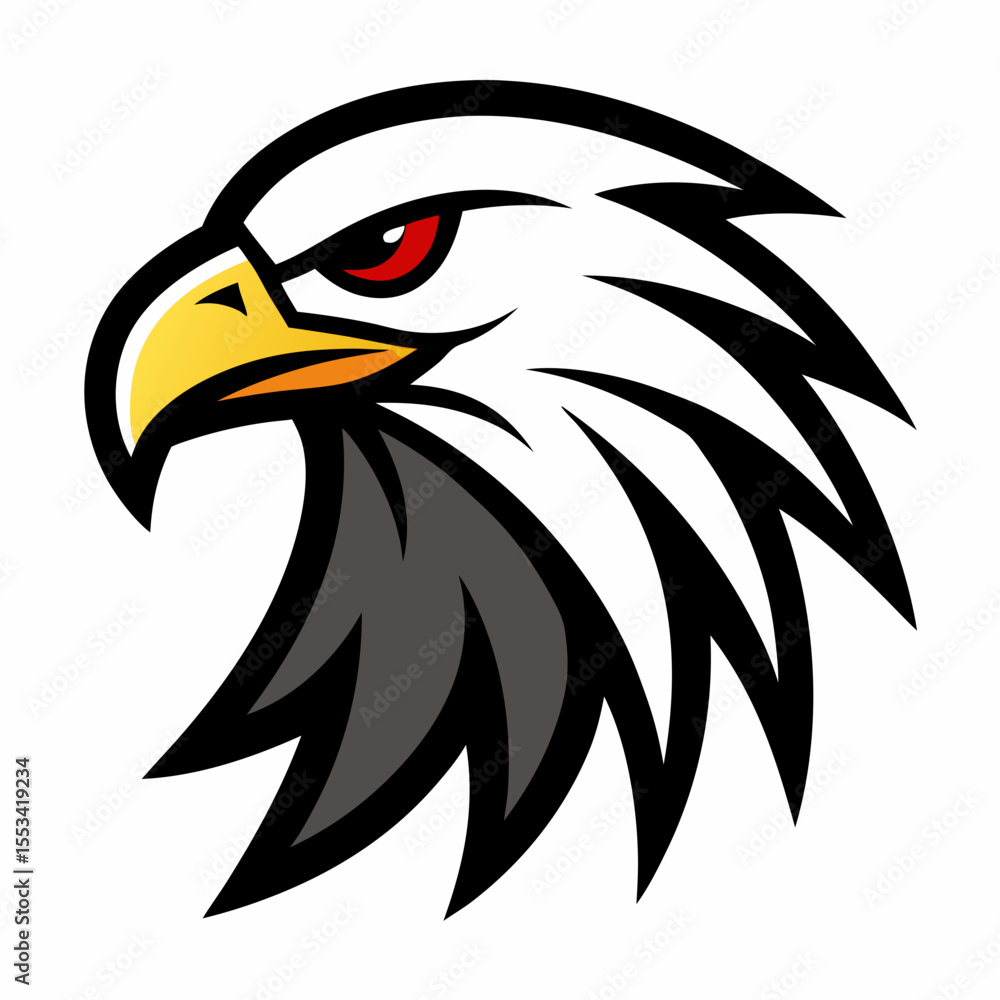 Fototapeta premium Stylized eagle head with fierce red eye and yellow beak