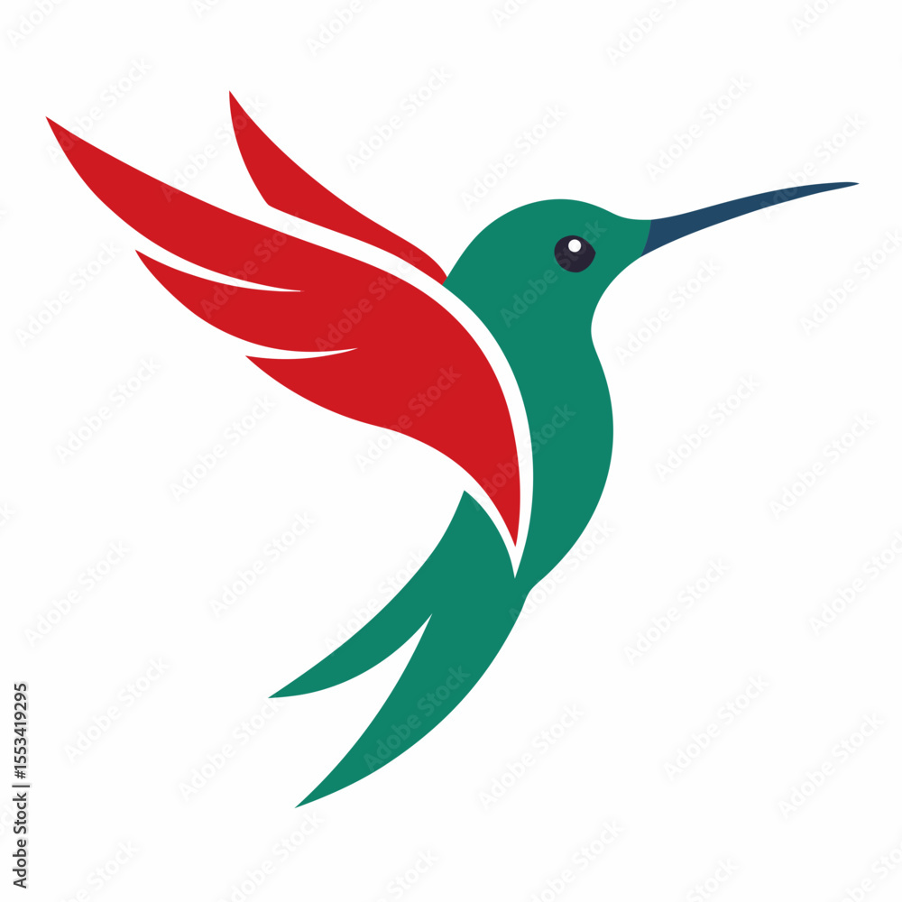 Obraz premium Stylized teal and red hummingbird in flight logo design