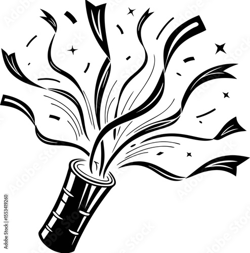 Black and white festive party popper bursting with confetti streamers and stars  illustration