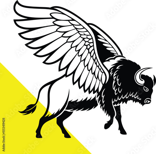 Mythical Bison with Feathered Wings in a Monochrome Tribal Inspired Silhouette Art – Powerful Buffalo Illustration with Angelic Wings Representing a Fusion of Nature and Fantasy