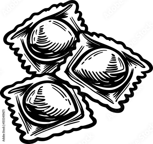 Hand drawn ravioli trio isolated monochrome engraved italian pasta sketch with detailed filling and textured edges