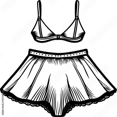 Vintage hand drawn bralette and high waist shorts set with lace trim isolated on white background illustration