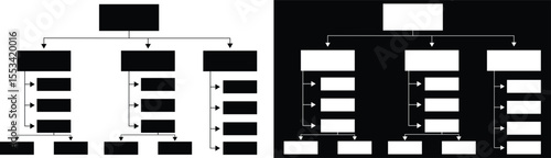 Art & IllustrationDual-style vector of hierarchical flowchart in black and white backgrounds—organizational structure layout with boxes and arrows for business use.