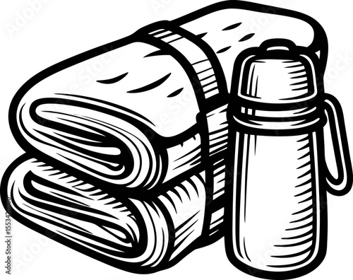 Hand drawn camping blanket and thermos vintage picnic travel gear illustration isolated on white background