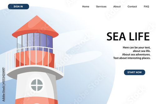 Lighthouse. Marine, sea coast, sea life, nautical concept. Vector illustration. Website, banner template.