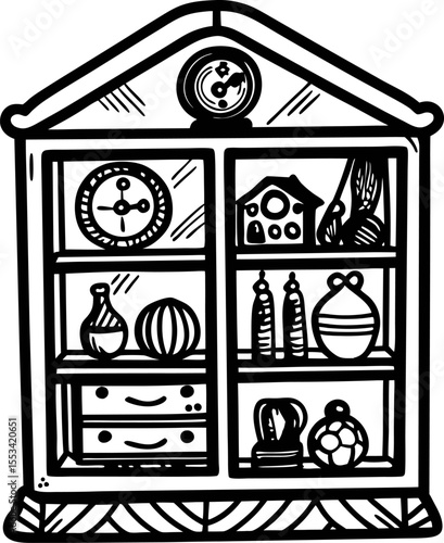 Hand drawn vintage display cabinet with assorted decorative objects and antique shelves in engraved illustration