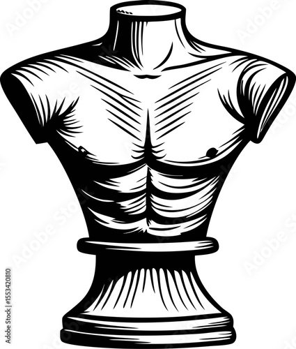Classical male torso bust engraving isolated hand drawn muscled anatomy sculpture on pedestal in black and white