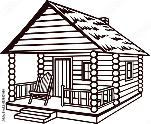 Rustic wooden log cabin with front porch and chair, hand drawn vintage illustration