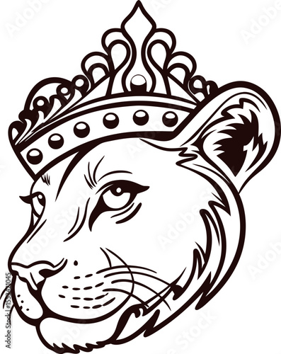 Regal lioness head wearing ornate royal crown, vintage line art illustration in classic tattoo
