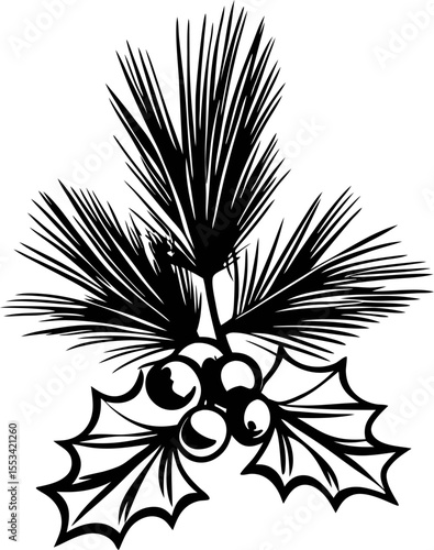 Pine needles and holly leaves with berries black and white botanical illustration silhouette