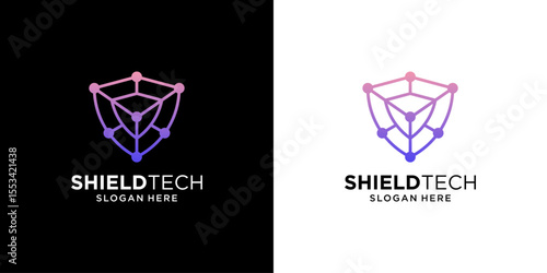 Shield tech logo design template. Abstract shape network connection symbol concept.