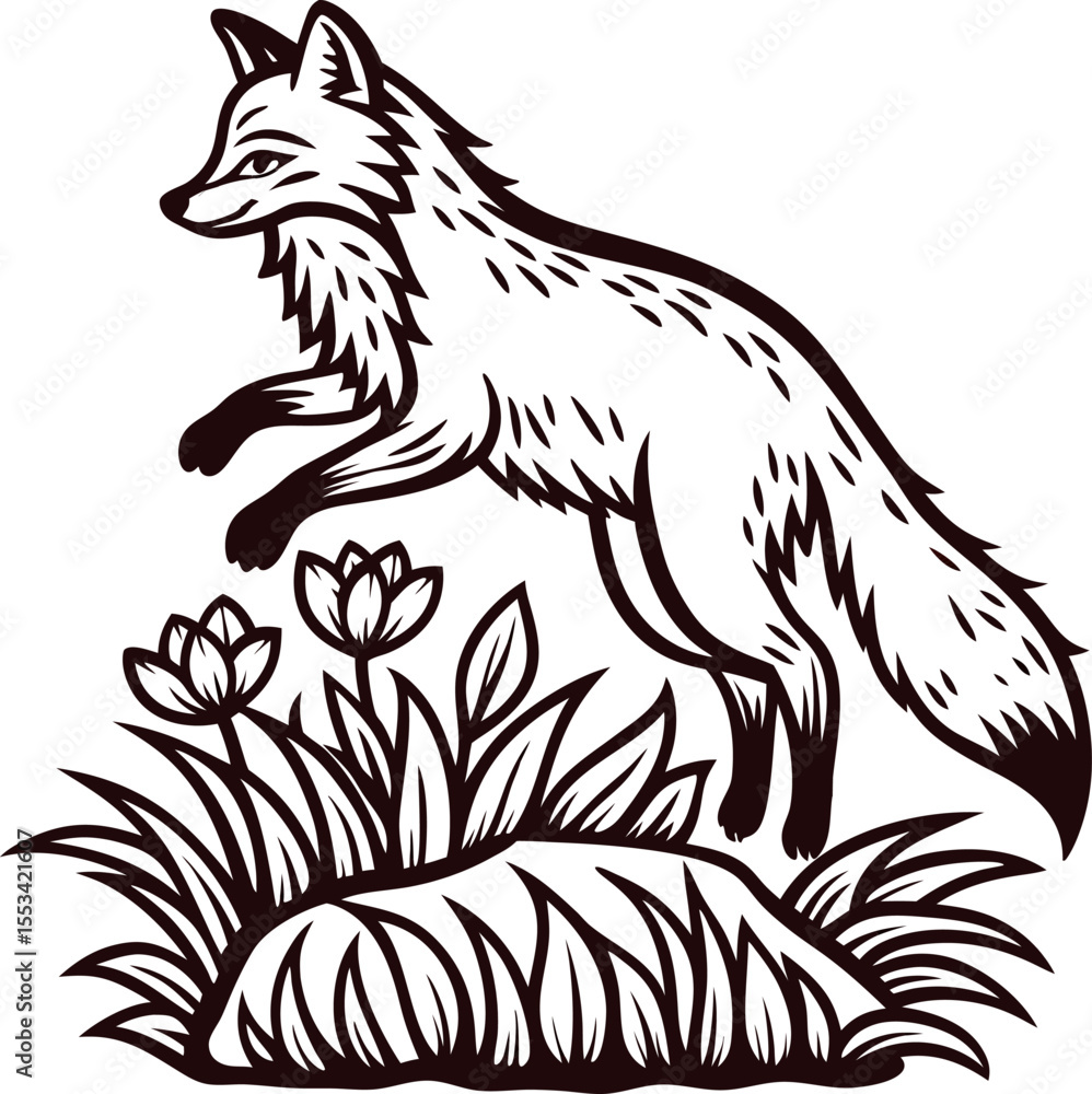 Obraz premium Jumping fox illustration with wildflowers and rock isolated on white background engraved vintage