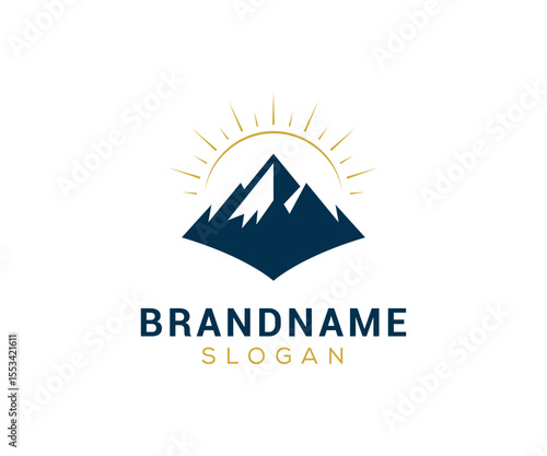 Mountain peak logo design icon. Outdoor hiking adventure emblem. Mountain summit vector illustration.