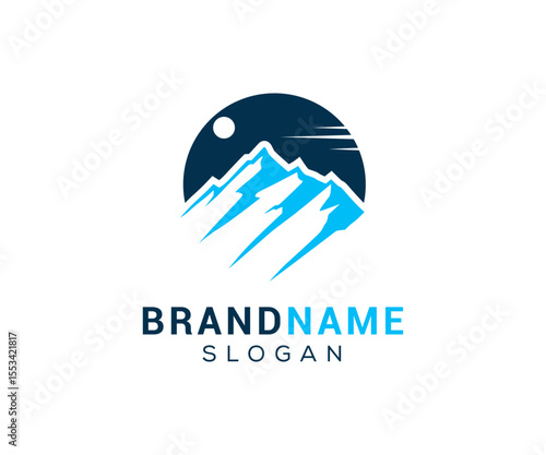 Mountain peak logo design icon. Outdoor hiking adventure emblem. Mountain summit vector illustration.