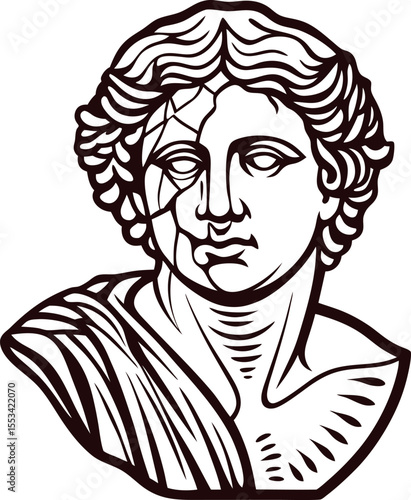 ancient greek marble bust illustration with cracked classical sculpture face and stylized outline details on white
